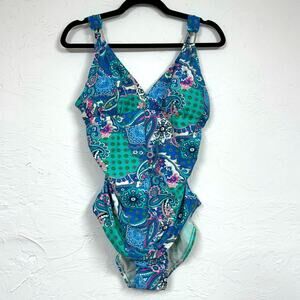 Spanx Assets Blue & Green Floral Paisley One Piece Swimsuit Womens XL Modest